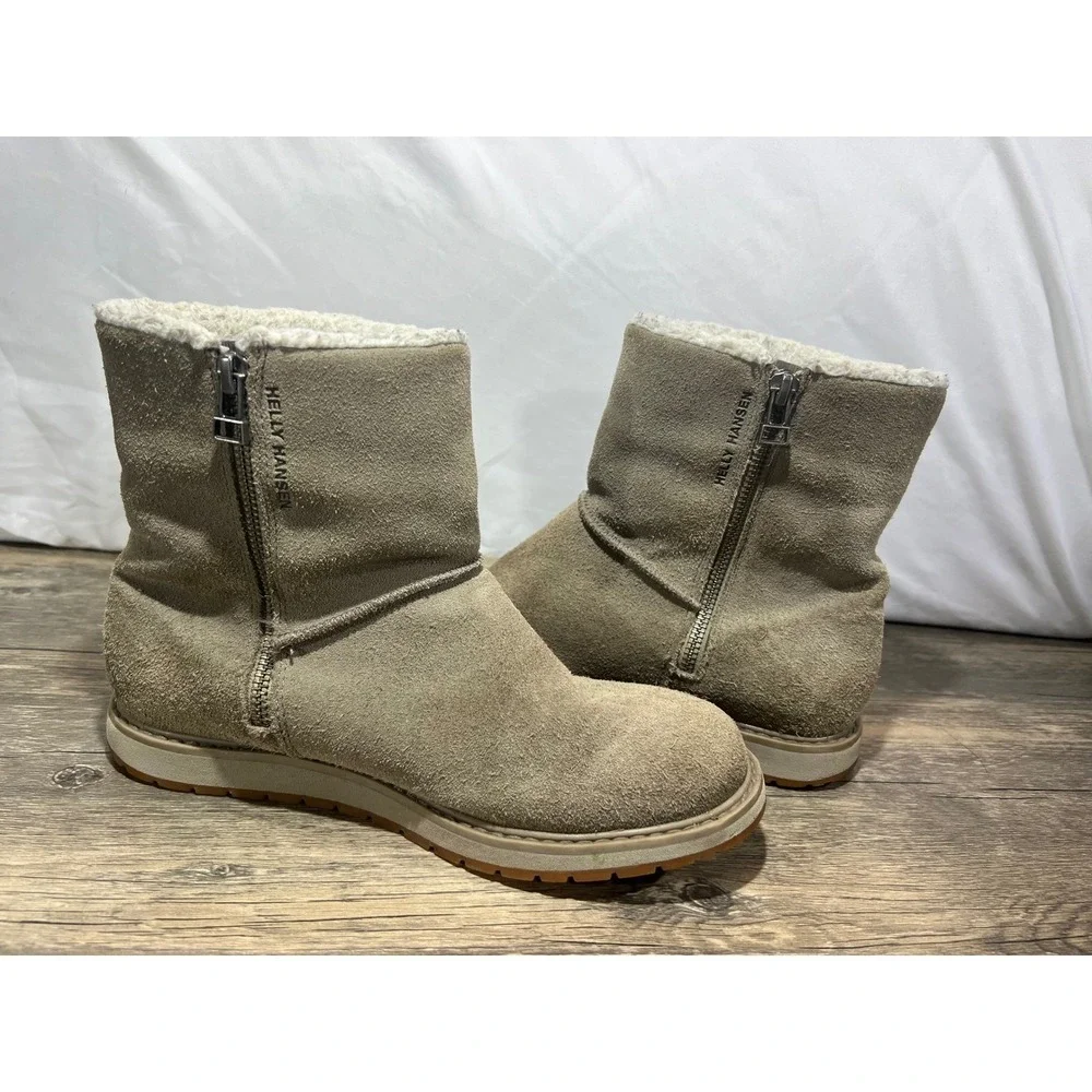 Helly Hansen Shearling Suede‎ Ankle Boots Women's 7.5 Taupe Winter Zip Lined
